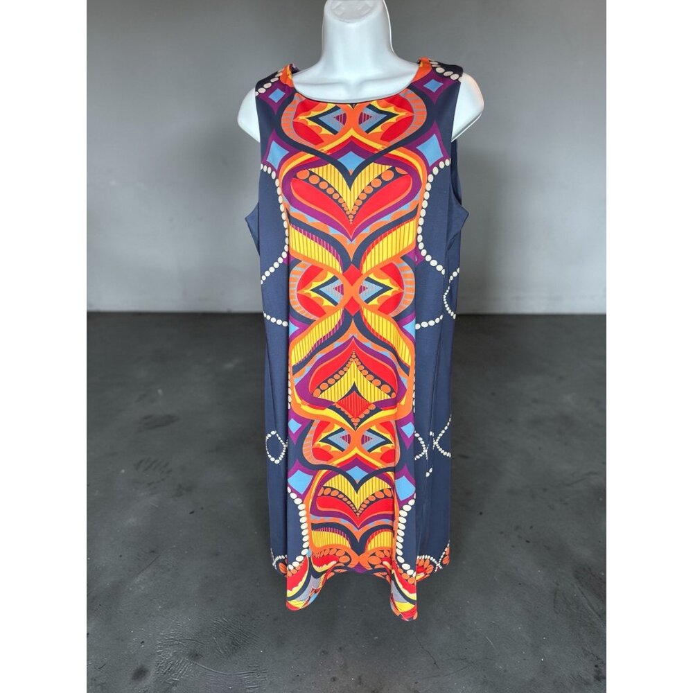 Aryeh Colorful Geometric Print Sleeveless Shift Dress Medium With Navy Base & Vi